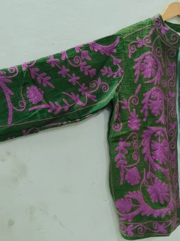 Green_Floral_Embroidered_Open_Front_Jacket_For_Women