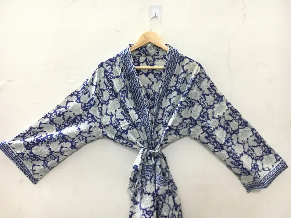 Blue_Cotton_Floral_Print_Open_Front_Kimono_Robe_For_Women