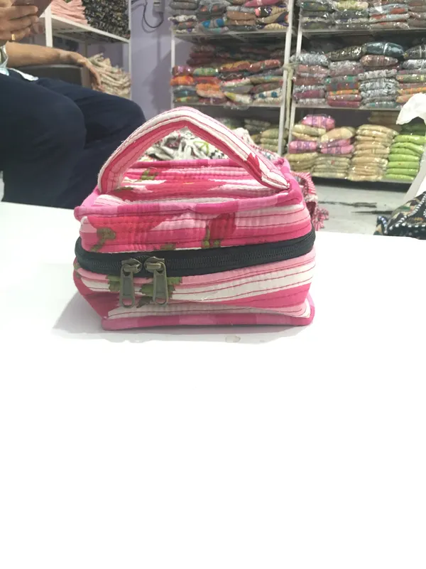 Pink_Cotton_Striped_Multi_Compartment_Zipper_Pouch_For_Women