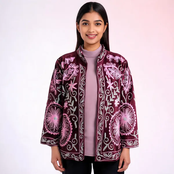 Maroon_Velvet_Embroidered_Jacket_For_Women