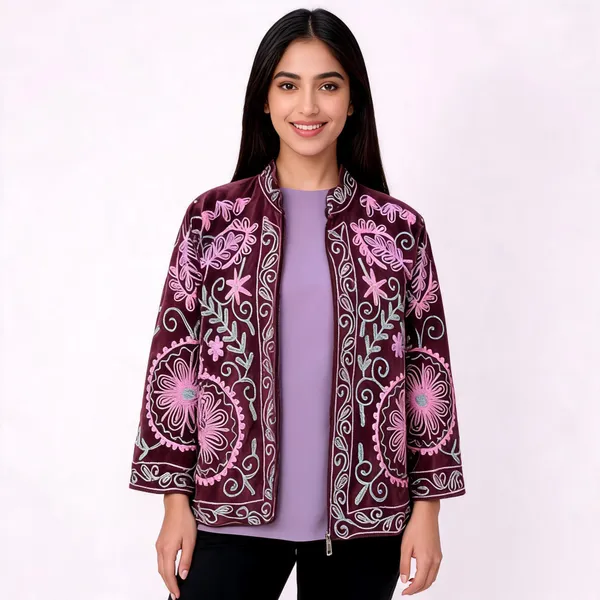 Maroon_Velvet_Embroidered_Jacket_For_Women