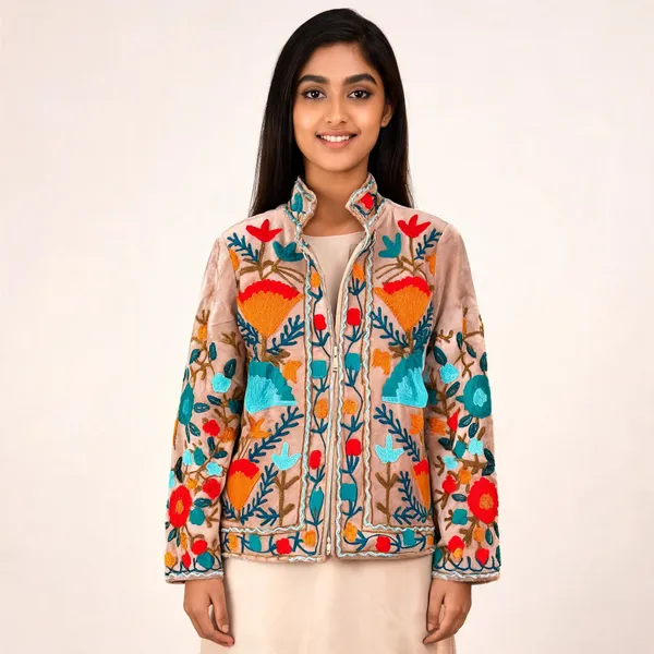 Beige_Velvet_Floral_Embroidered_Zip_Front_Jacket_For_Women