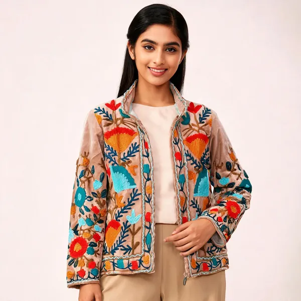 Beige_Velvet_Floral_Embroidered_Zip_Front_Jacket_For_Women