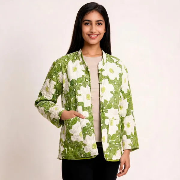 Green_Cotton_Floral_Print_Mandarin_Collar_Kurta_For_Women