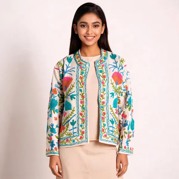 White_Floral_Embroidered_Open_Front_Jacket_For_Women