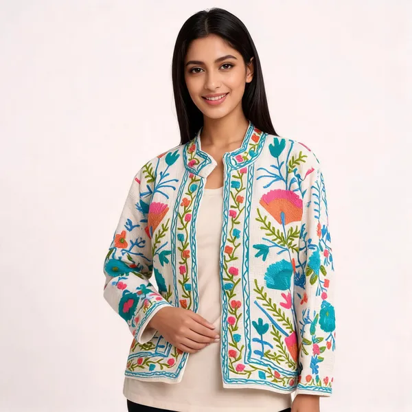 White_Floral_Embroidered_Open_Front_Jacket_For_Women