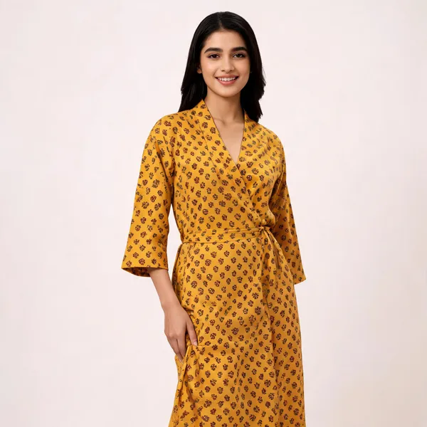 Mustard_Cotton_Floral_Print_Tie_Waist_Kimono_Robe_For_Women
