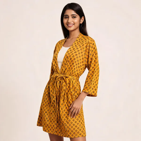 Mustard_Cotton_Floral_Print_Tie_Waist_Kimono_Robe_For_Women