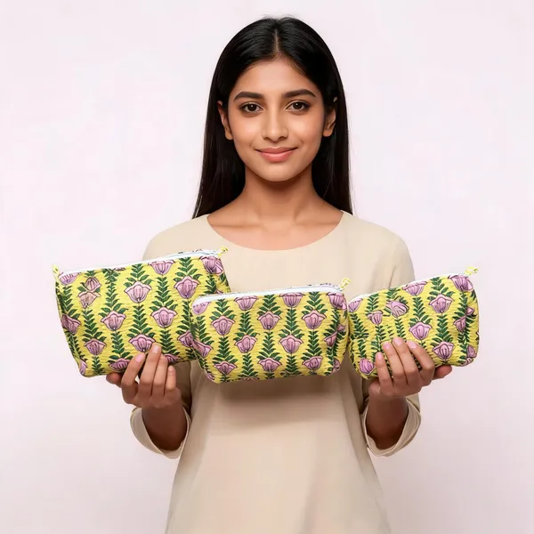 Yellow_Cotton_Floral_Print_Zipper_Pouch_Set_Of_3_For_Women