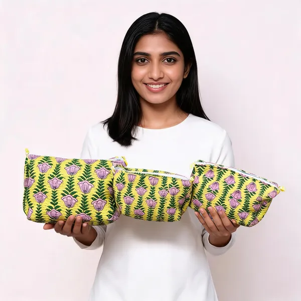 Yellow_Cotton_Floral_Print_Zipper_Pouch_Set_Of_3_For_Women
