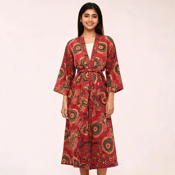 Maroon_Cotton_Paisley_Print_Tie_Waist_Kimono_Robe_For_Women