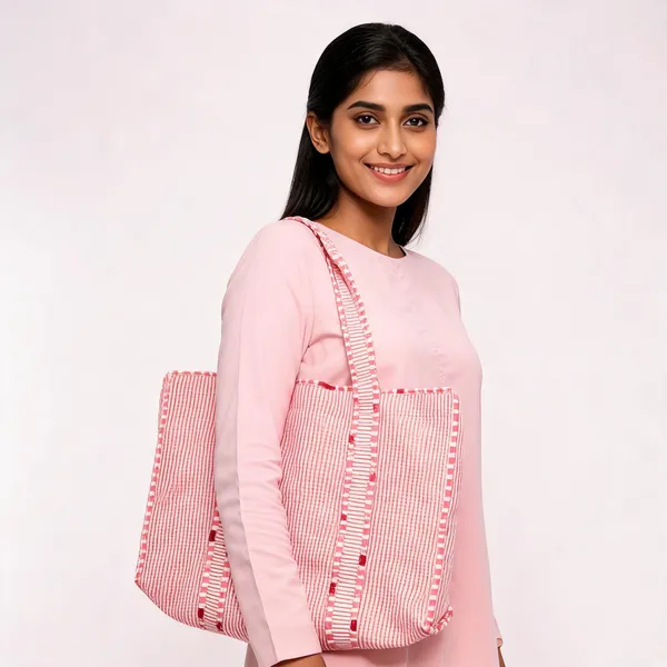 Pink_Cotton_Woven_Checked_Tote_Bag_For_Women