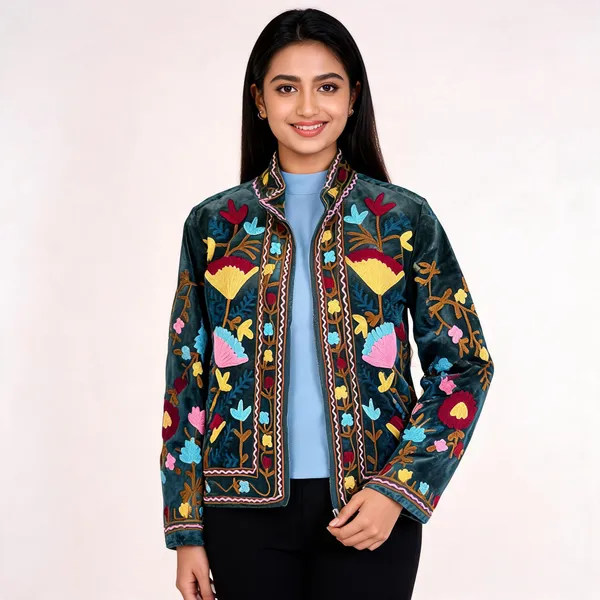 Teal_Denim_Floral_Embroidered_Jacket_For_Women