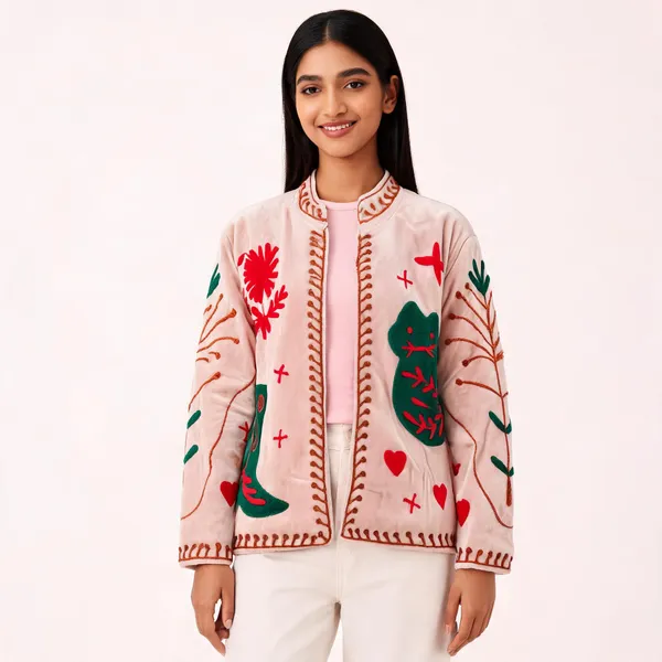 Pink_Velvet_Floral_Embroidered_Zip_Front_Jacket_For_Women