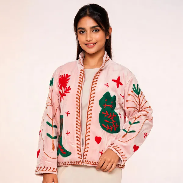 Pink_Velvet_Floral_Embroidered_Zip_Front_Jacket_For_Women