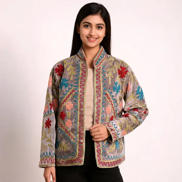 Grey_Velvet_Floral_Embroidered_Stand_Collar_Jacket_For_Women