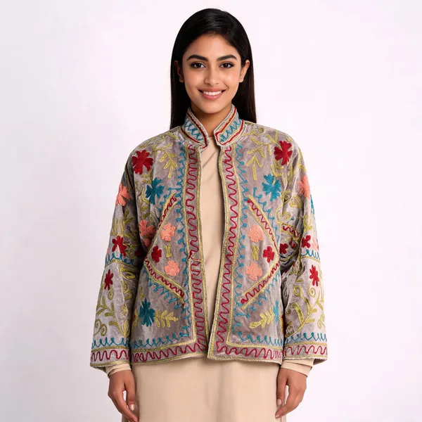 Grey_Velvet_Floral_Embroidered_Stand_Collar_Jacket_For_Women