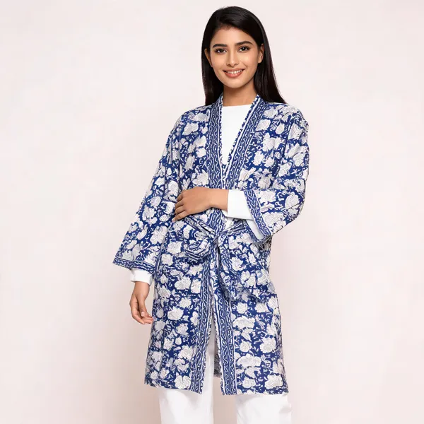 Blue_Cotton_Floral_Print_Open_Front_Kimono_Robe_For_Women