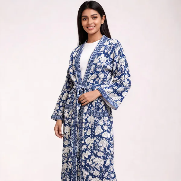 Blue_Cotton_Floral_Print_Open_Front_Kimono_Robe_For_Women