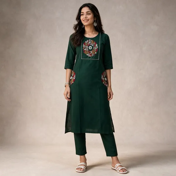 Green_Cotton_Kurta_Set_For_Women