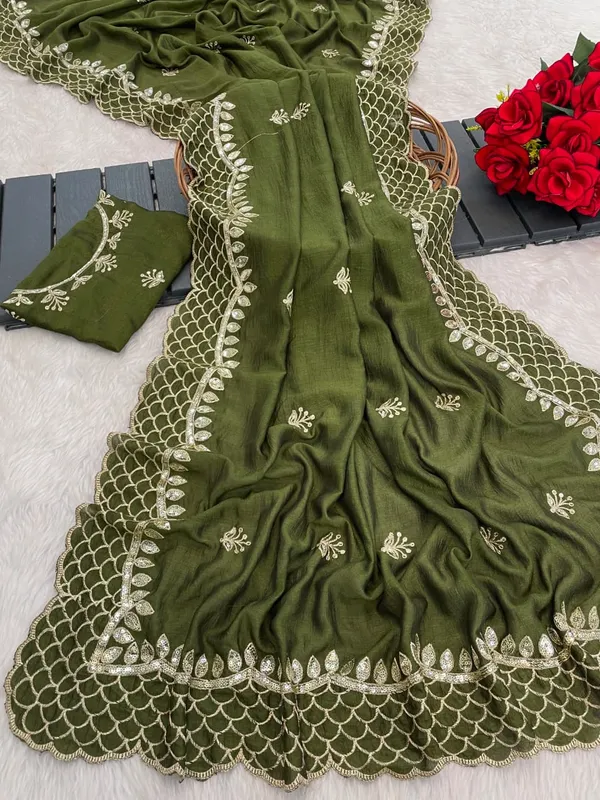 Olive_Green_Vichitra_Silk_Saree_For_Women