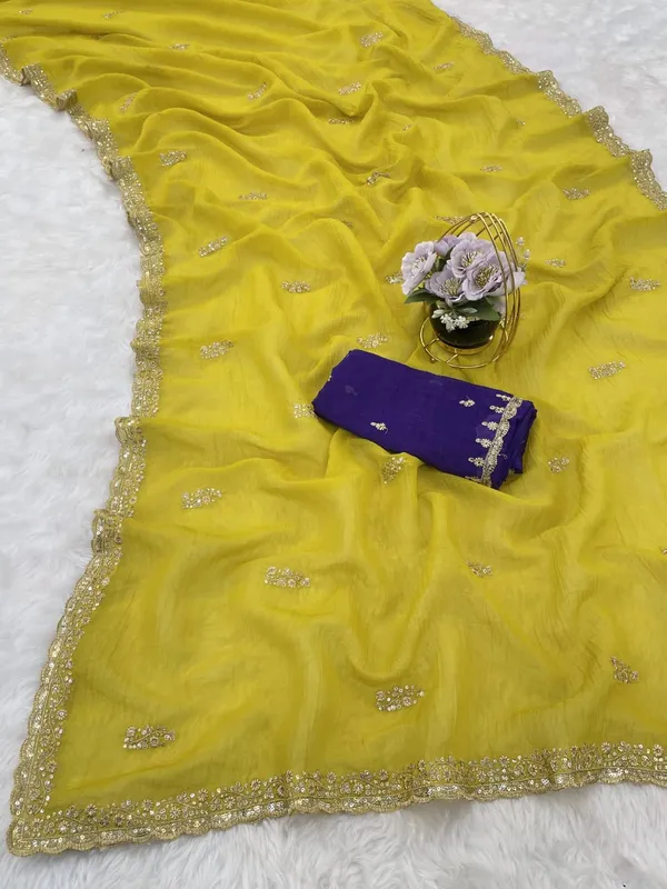 Yellow_Embellished_Saree_With_Purple_Blouse_Piece_For_Women