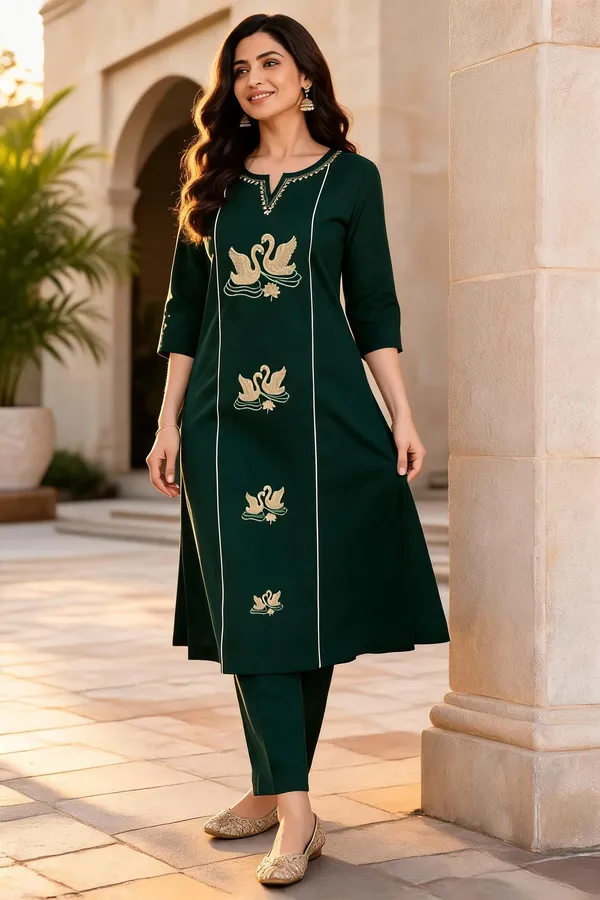 Green_Cotton_Kurta_Pant_Set_For_Women