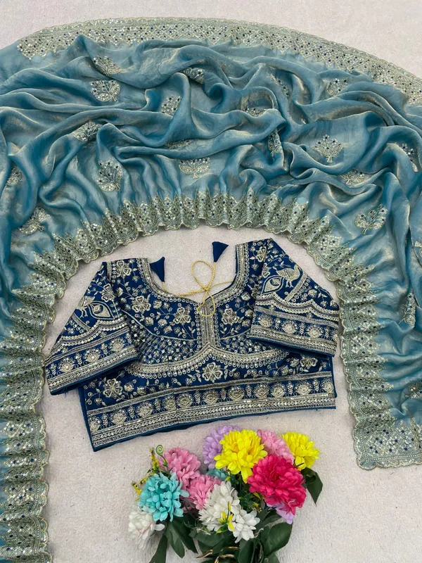 Blue_Fendi_Satin_Blouse_And_Dupatta_Set_For_Women
