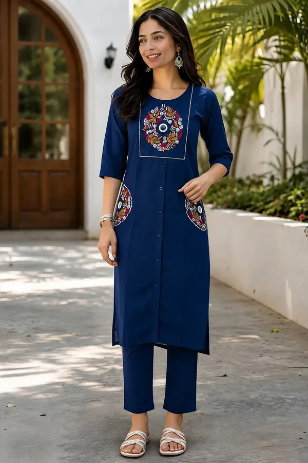 Blue_Cotton_Kurta_Pant_Set_For_Women
