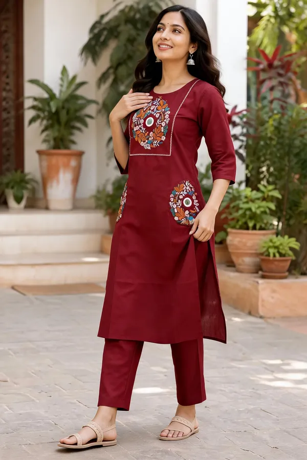 Maroon_Cotton_Kurta_Set_For_Women
