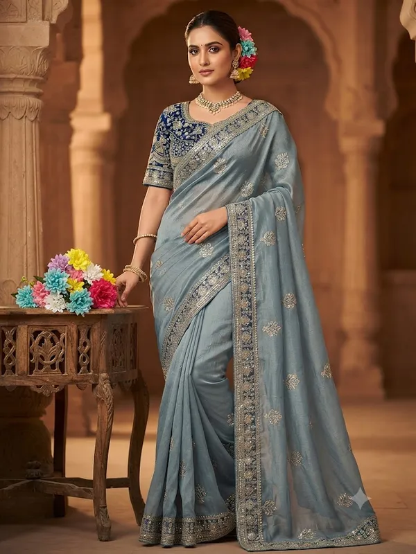 Blue_Fendi_Satin_Blouse_And_Dupatta_Set_For_Women