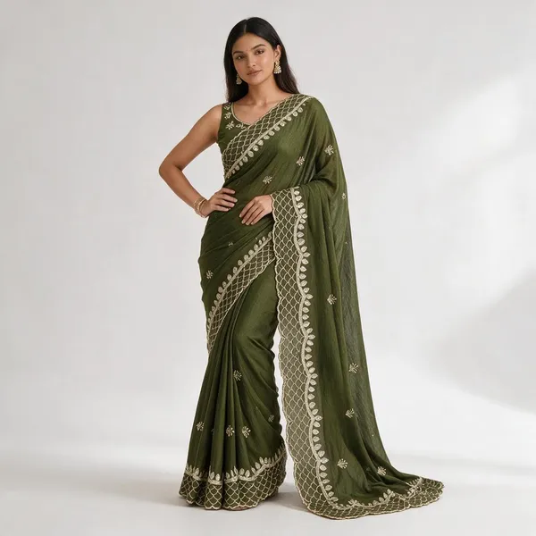 Olive_Green_Vichitra_Silk_Saree_For_Women