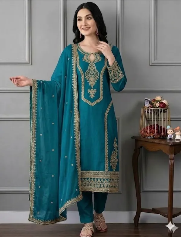 Teal_Rayon_Slub_Straight_Embroidered_Kurta_Set_For_Women