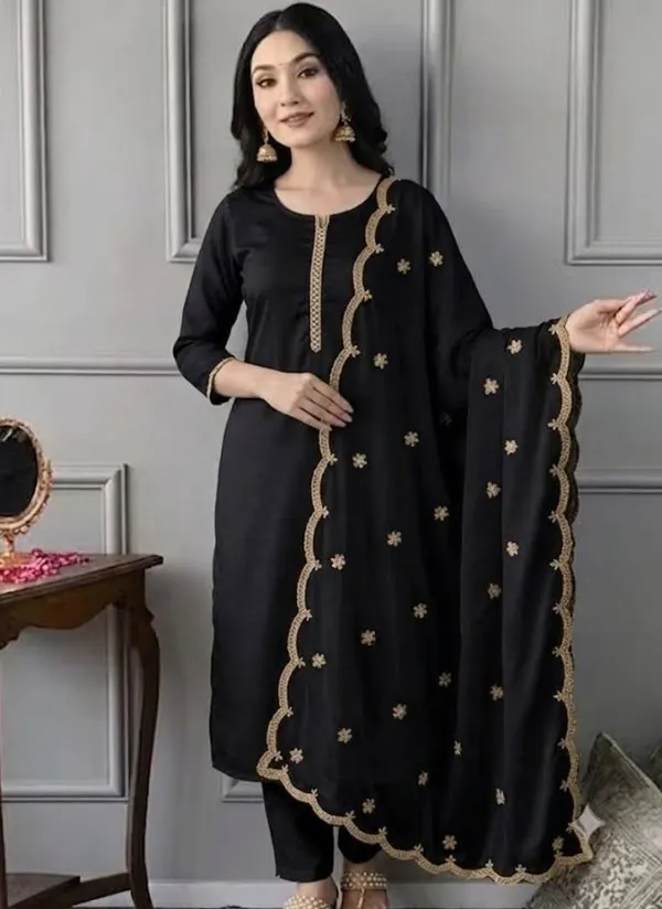 Black_Rayon_Slub_Straight_Embroidered_Kurta_Set_For_Women