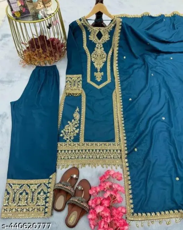 Teal_Rayon_Slub_Straight_Embroidered_Kurta_Set_For_Women