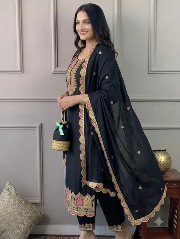 Black_Rayon_Slub_Straight_Embroidered_Kurta_Set_For_Women