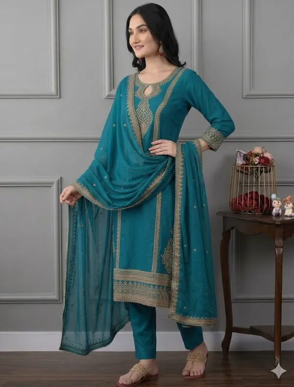 Teal_Rayon_Slub_Straight_Embroidered_Kurta_Set_For_Women
