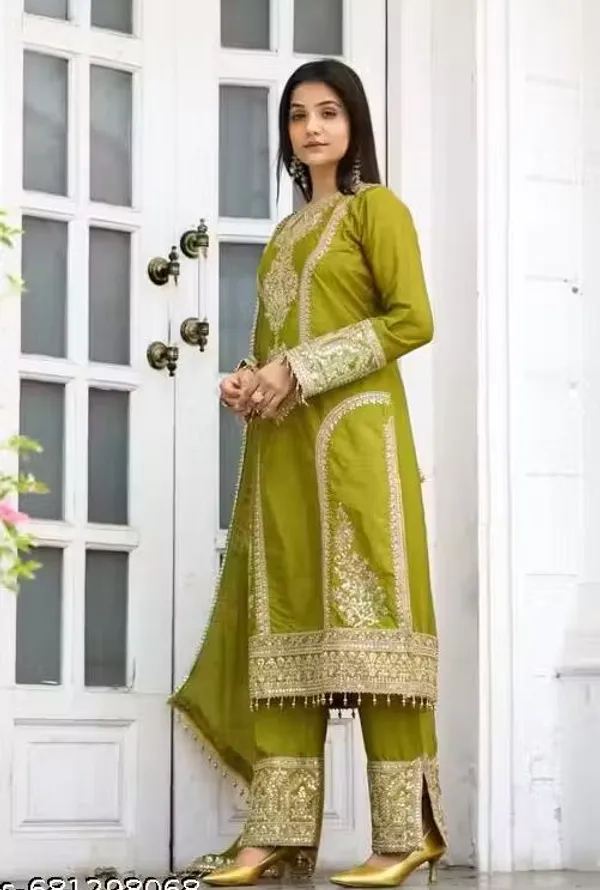 Olive_Green_Rayon_Slub_Straight_Embroidered_Kurta_Set_For_Women