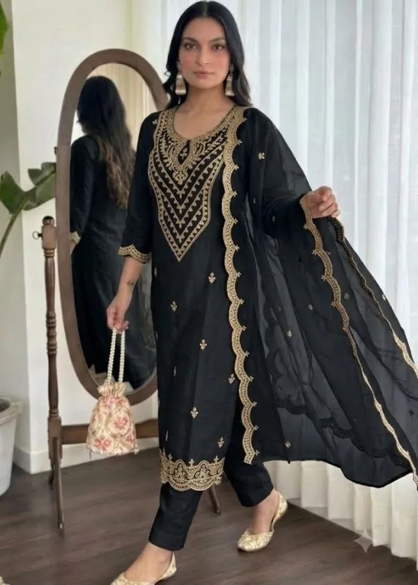 Black_Rayon_Slub_Straight_Embroidered_Kurta_Set_For_Women