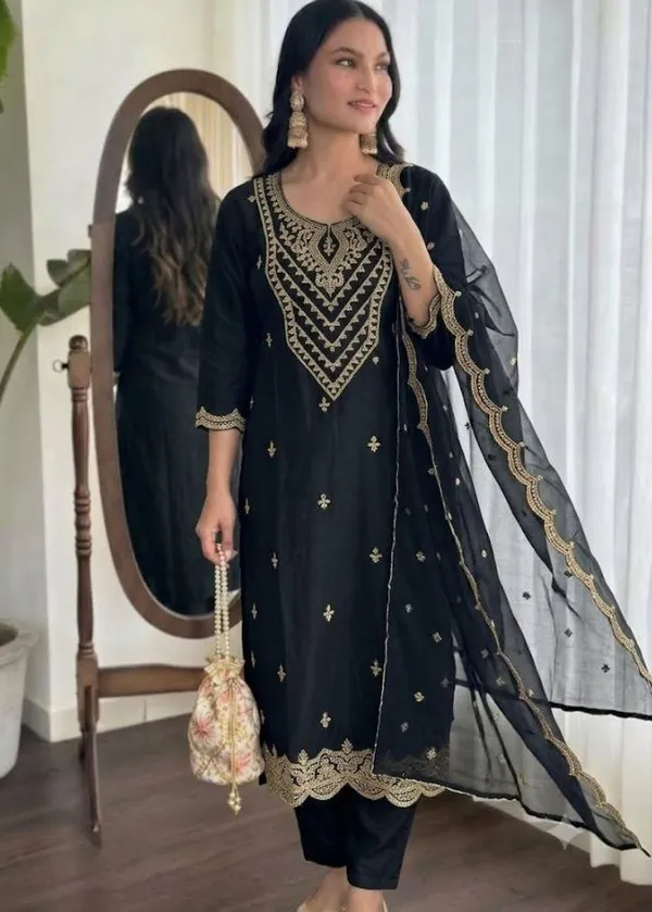 Black_Rayon_Slub_Straight_Embroidered_Kurta_Set_For_Women
