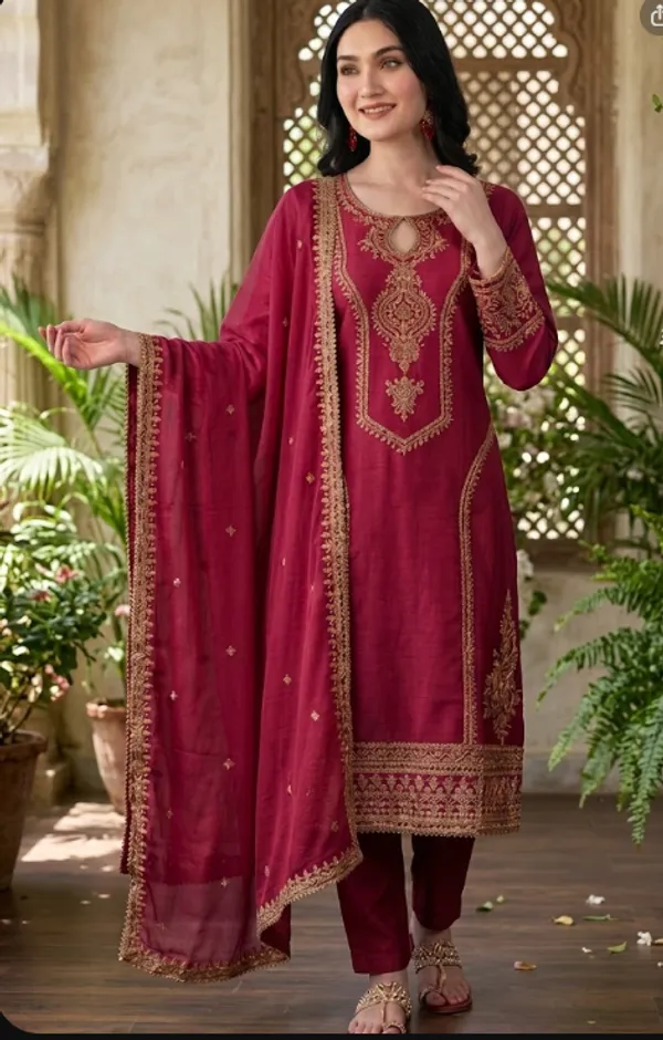 Maroon_Rayon_Slub_Straight_Embroidered_Kurta_Set_For_Women