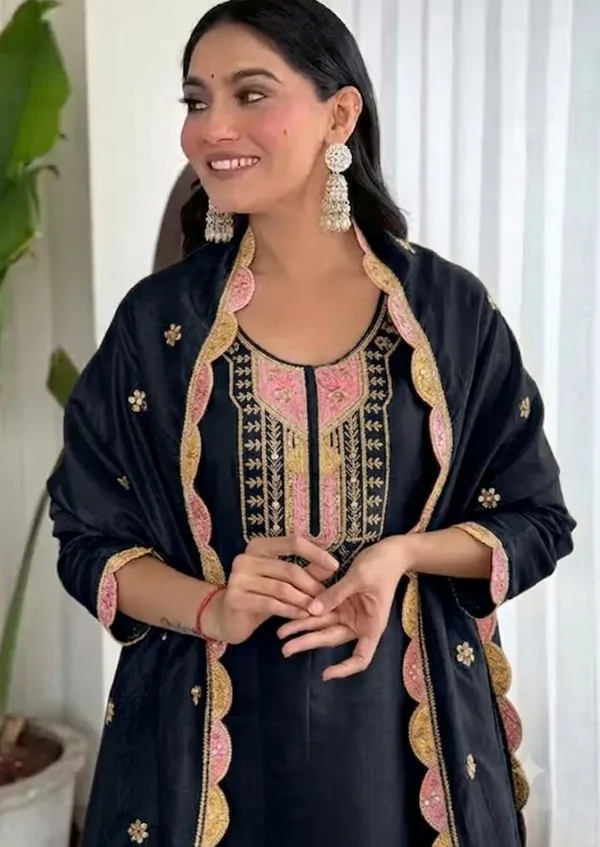 Black_Rayon_Slub_Straight_Embroidered_Kurta_Set_For_Women