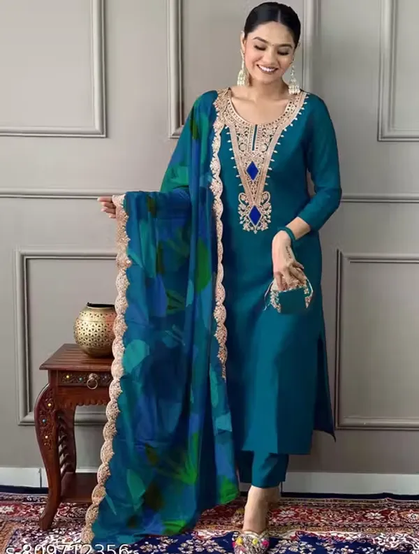 Teal_Rayon_Slub_Straight_Kurta_Set_For_Women