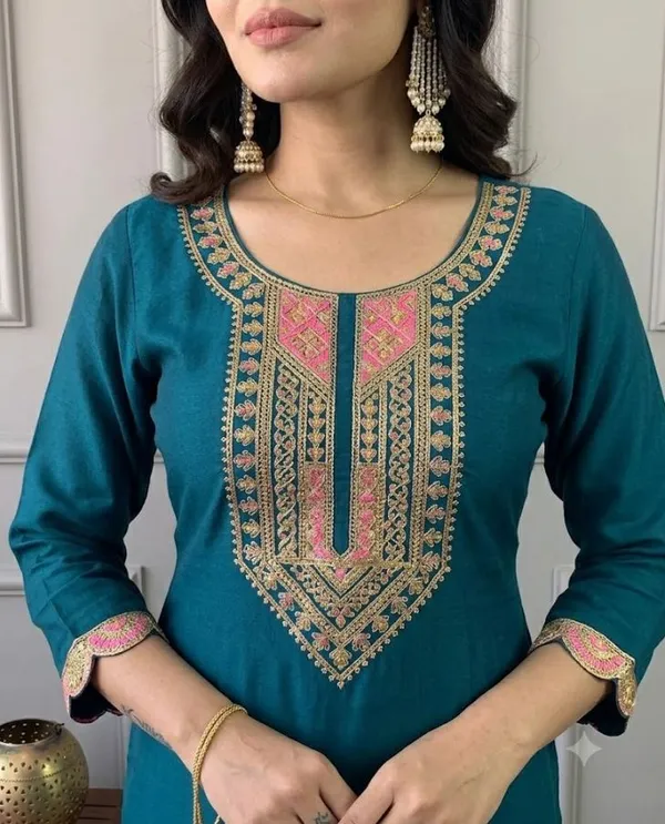 Teal_Rayon_Slub_Straight_Embroidered_Kurta_Set_For_Women