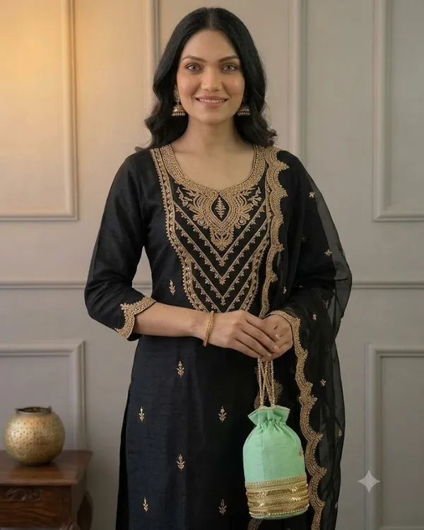 Black_Rayon_Slub_Straight_Embroidered_Kurta_Set_For_Women