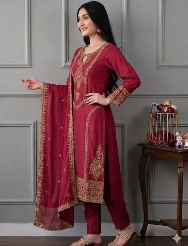 Maroon_Rayon_Slub_Straight_Embroidered_Kurta_Set_For_Women