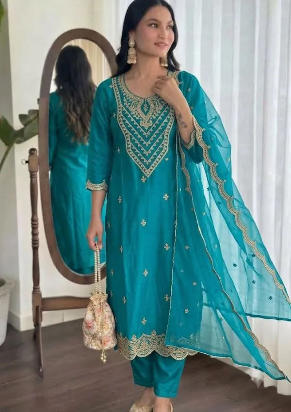 Flagged:_Teal_Rayon_Slub_Straight_Kurta_Set_For_Women