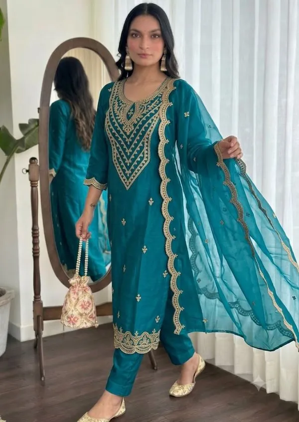 Flagged:_Teal_Rayon_Slub_Straight_Kurta_Set_For_Women