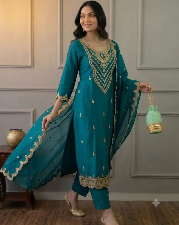 Flagged:_Teal_Rayon_Slub_Straight_Kurta_Set_For_Women