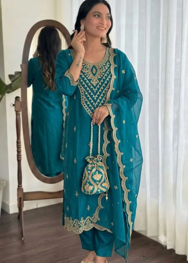 Flagged:_Teal_Rayon_Slub_Straight_Kurta_Set_For_Women